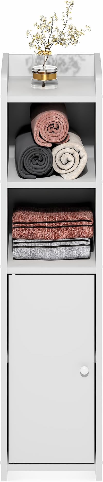 Furinno Fulda Bathroom Storage Cabinet, 5-Tier Bathroom Cabinet, Narrow Cabinet with Door and Adjustable Shelves, 32H, for Small Spaces, Bathroom, Living Room, Entryway, White