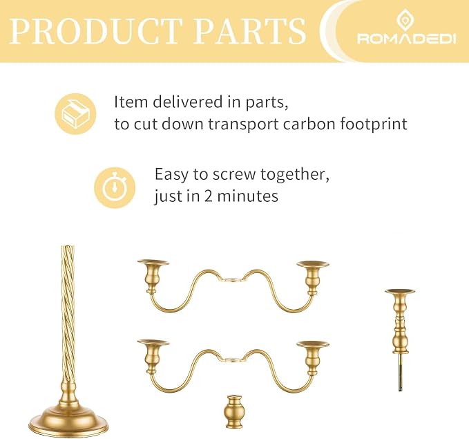 Romadedi Gold 5-Arm Candelabra for Taper Candles, 21 in, Pack of 2 | Metal Candlestick Holders with Curved Branches for Wedding Centerpiece, Reception, Dining Table, and Christmas Decor.