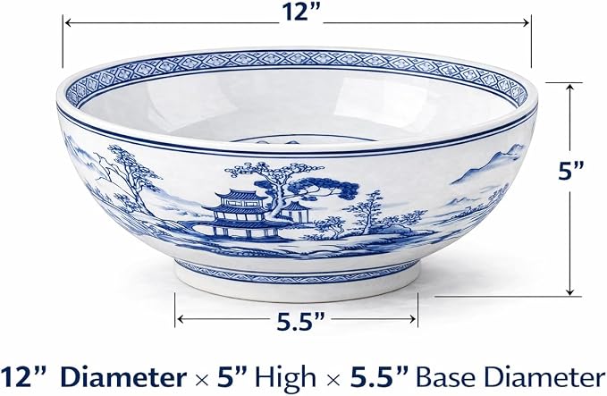 12 Inch Blue and White Porcelain Bowl, Large Chinese Decorative Centerpiece Bowl, Oriental Landscape Ceramic Bowl for Tabletop, Fruit Display, Kitchen Counter and Home Décor