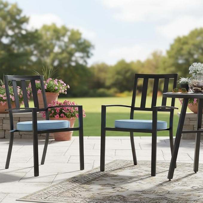 Set of 2 Outdoor 18 inch Round Patio Dining Chair Pads – Comfortable Fiber-Filled Seat Cushions with Ties, Reversible Polyester Fabric, Denim