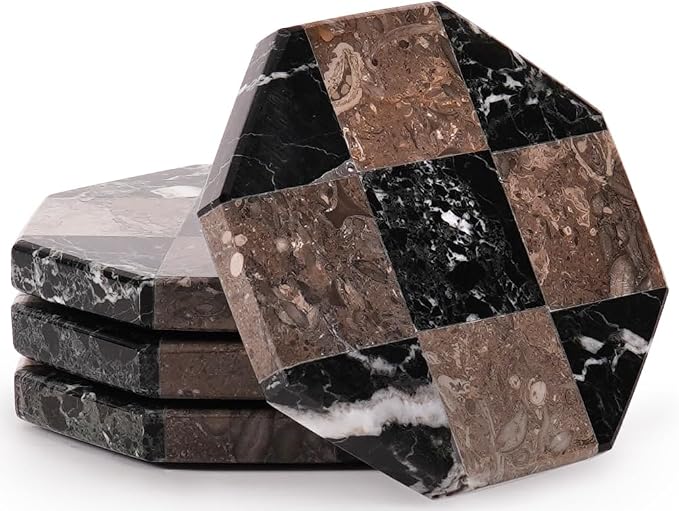 Marble Coasters Set of 4, Zebra Black & Oceanic Handmade 4 inch Star Stone Coaster, Drink Checkered Coasters for Coffee Table, Stylish Bar Accessories & Modern Home Décor