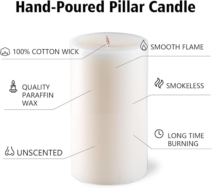 Unscented White Pillar Candles, 6 Packs, Long Clean Burning Pillar Candle for Emergency, Dripless and Smokeless Classic White Candle for Dinnig Table, Home Decor, Church, Christmas, 2.8x4 Inch