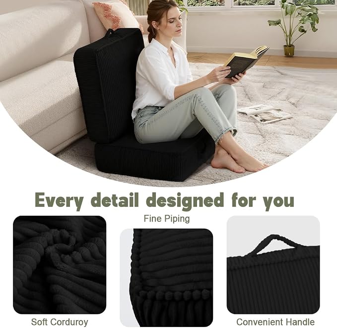 Meditation Floor Pillow for Adults, 8" Extra Thick Floor Cushion for Sitting with Washable Cover, Large Corduroy Meditation Pillow, 22 inches Tatami Seat with Handle for Yoga Pillow, Black