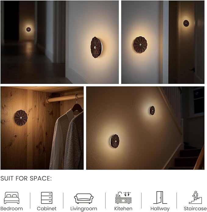 Motion Sensor Night Light, Wooden Flower Lights, USB Rechargeable Magnetic Stick-On Lights for Stairs, Hallway, Bedroom, Indoor Pathway, Motion Sensor Light Indoor (2 Pack Black Walnut)