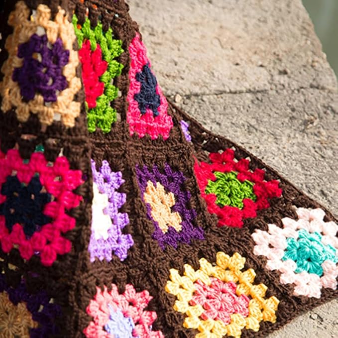 RISEON Handmade Granny Square Crochet Throw Blanket Sweater Style Mat, crochet quilt, multicolor Boho Travel Accent Decor Throw for Sofa Comforter Couch Bed Recliner Living Room Bedroom (Dark Brown)