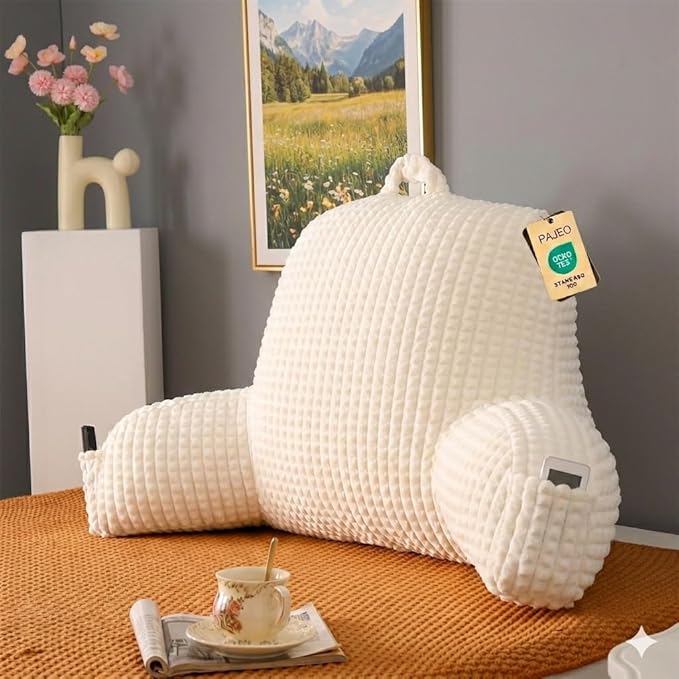 Reading Pillow with Arms for Sitting in Bed,Backrest,White Flannel,M | 17" Backrest Supports Back for College Students,Elbows & Forearms for Dorm Reading,Gaming,Watching TV