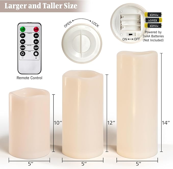 10" 12" 14" x 5" Extra Large Waterproof Outdoor Flameless Candles Battery Operated LED Pillar Candles for Indoor Outdoor Lanterns, Off White, Long Lasting, Set of 3