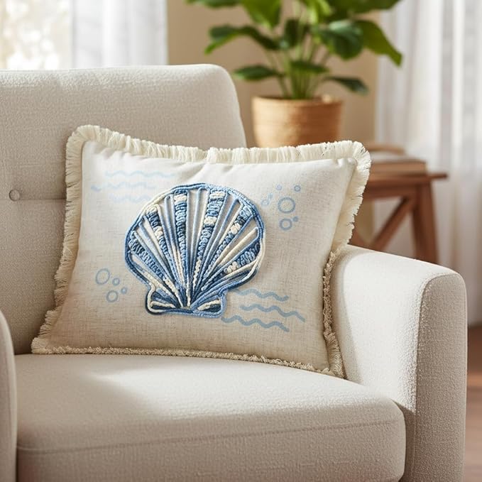 Comfy Hour 18"x13" Blue and White Scallop Shell Accent Pillow, Antique Vintage Figurine Style Home Decor, Coastal Lumbar Cushion with Removable Insert
