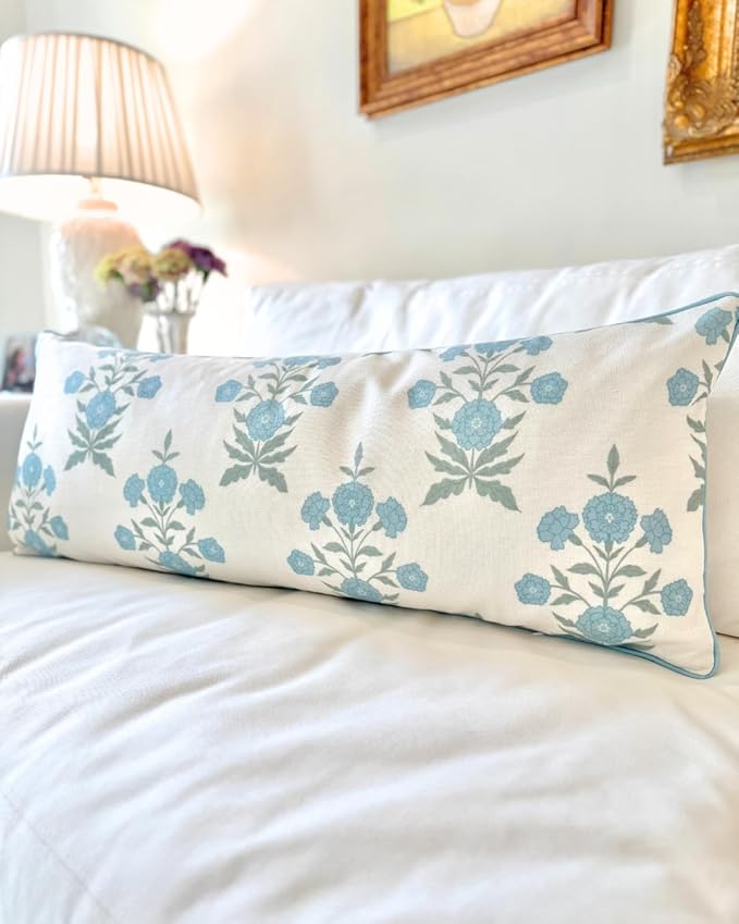 Jillien Harbor Amelia Lumbar 14" x 36" Floral Throw Pillow Cover Blockprint Grandmillennial Home Decor
