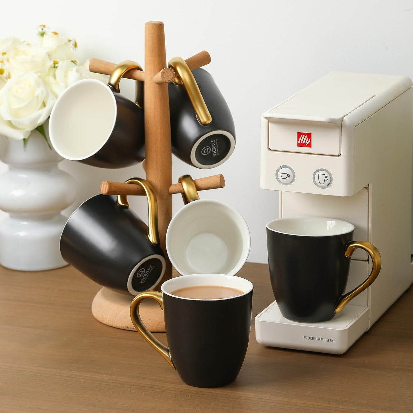 vicrays Coffee Mug Set, 11 Ounce, Set of 6, Ceramic Mug for Men, Women, Unique Glazed Mugs with Handle for Coffee, Tea, Milk, Cocoa, Cereal(Black with Golden)