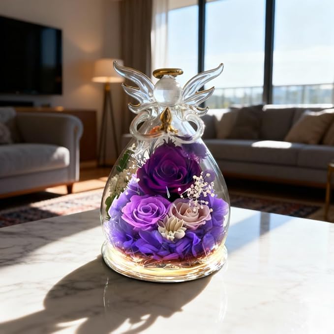 Purple Rose Gifts for Mom Birthday Gifts for Women | Forever Rose in Glass Fresh Flowers for Delivery | Preserved Rose Angel Figurine Mother’s Day for Mom Grandma from Daughter Birthday Gifts
