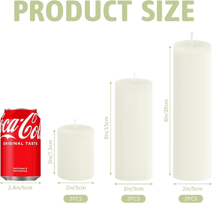 6 Pack White Pillar Candles Bulk Set, 2x3 2x4 2x6 Inch - 2 Each Size, Dripless Smokeless Clean Burning for Wedding Centerpieces, Home Decor, Church, Romantic Ambiance！
