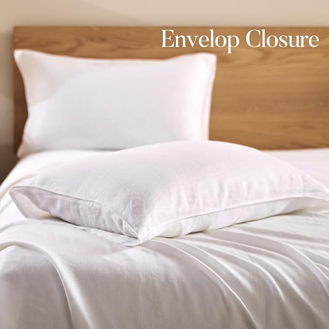 DAPU 100% Linen Pillowcases 20x30 Inches Pillow Cases (Pack of 2) with Envelope Closure, Stone Washed Breathable and Cooling (White, Queen)
