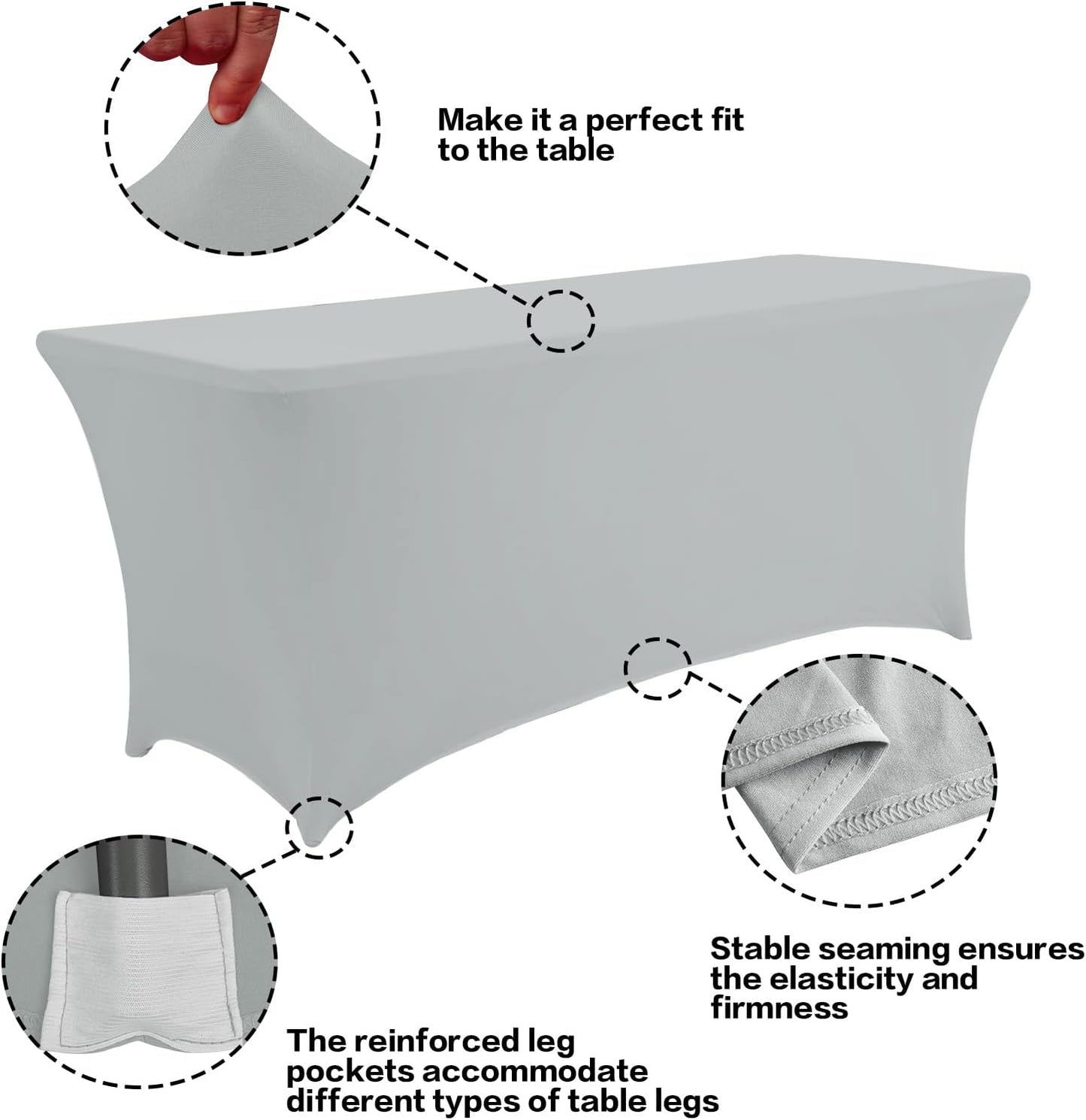 IVAPUPU 8FT Table Cloth for Rectangular Fitted Events Stretch Grey Table Covers Washable Cover Spandex Tablecloth Protector for Party, Wedding, Cocktail, Banquet, Festival