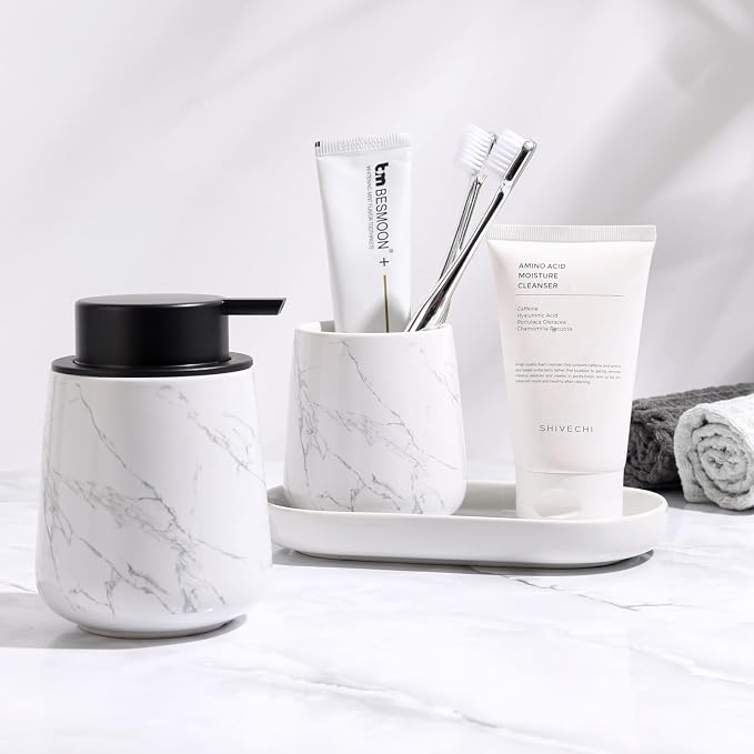 BosilunLife Ceramic Bathroom Accessories Set 3 Pcs, Foaming Soap Dispenser and Toothbrush Holder with Tray, Modern Farmhouse Vanity Decor, Narble Pattern Housewarming Gift