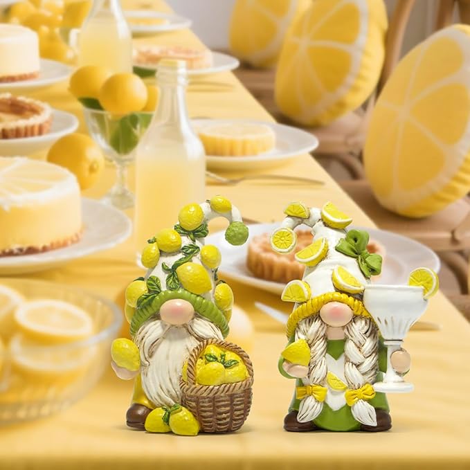 Hodao Lemon Gnome Set – with Lemon-Covered Hats, Basket & Goblet, 2PCS Hand-Painted, Cute Summer Kitchen & Shelf Decor, Indoor Home/Party Accents, Adorable Gift