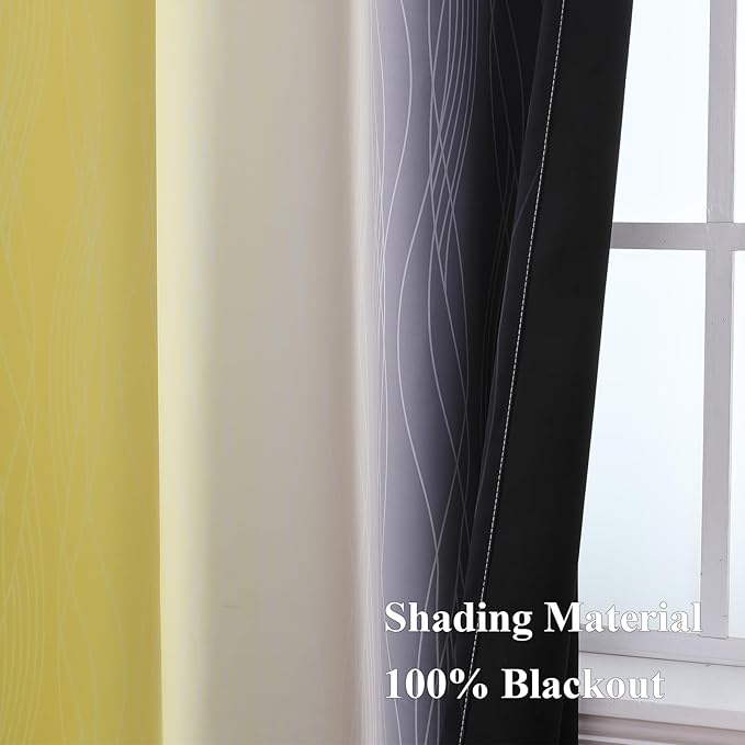 Estelar Textiler Yellow and Black Ombre Blackout Curtains 54 Inch Length, Full Room Darkening Gradient Drapes for Kitchen, Thermal Insulated Grommet Curtains for Short Window, 42Wx54L,2 Panels