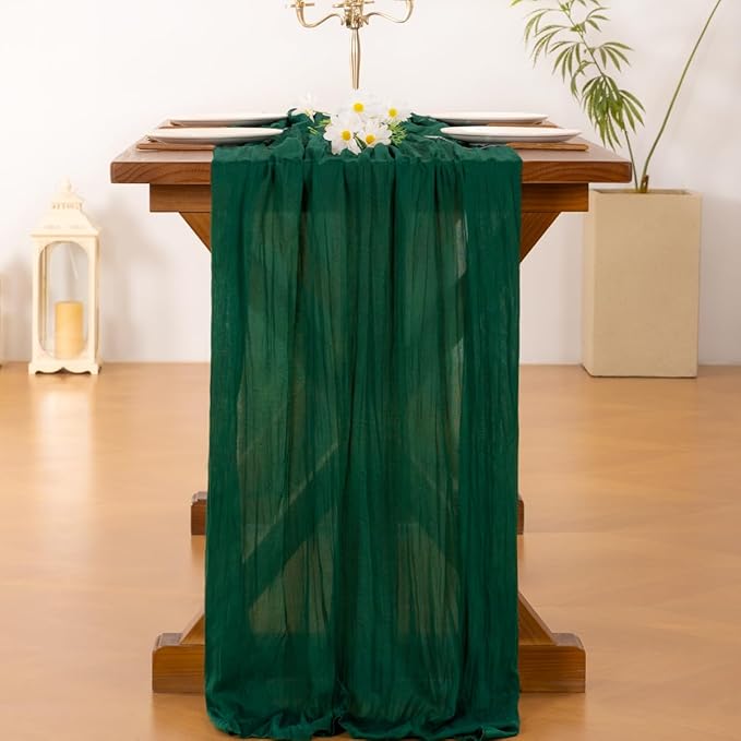 Socomi 3pcs Emerald Green Cheesecloth Table Runner Easter Spring Boho Rustic Gauze 120 inch 10FT Cheese Cloth Runner for Wedding Party Baby Shower Birthday Home Decor Holiday Decorations