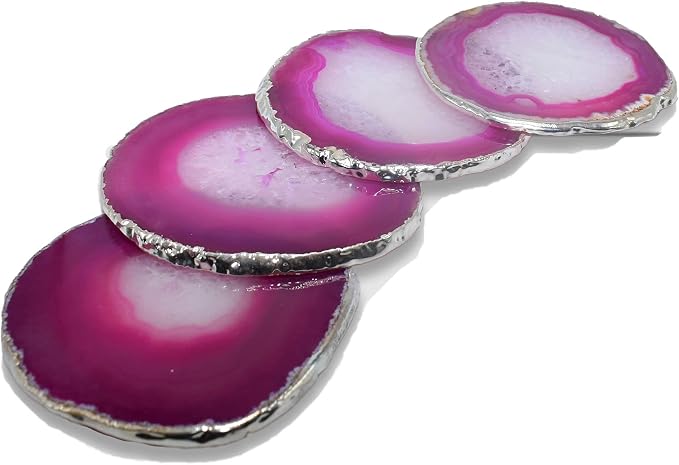 Nature's Decorations Pink Silver Rimmed Agate Stone Coasters - Set of 4, Polished Geode Drink Mats for Dining & Coffee Table & Kitchen Geode Decor Non-Toxic 3.5-4” Diameter
