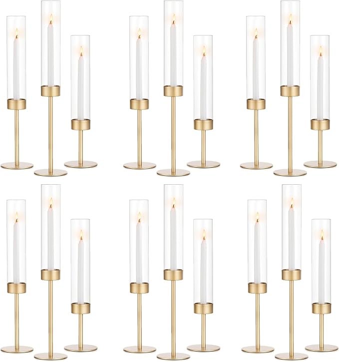 Glass Hurricane Candlestick Holders Gold - Romadedi 18 PCS Taper Candle Holder Bulk Tall Clear Glass Cylinder Table Centerpiece Wedding Decor Party Birthday Christmas Home Decorations