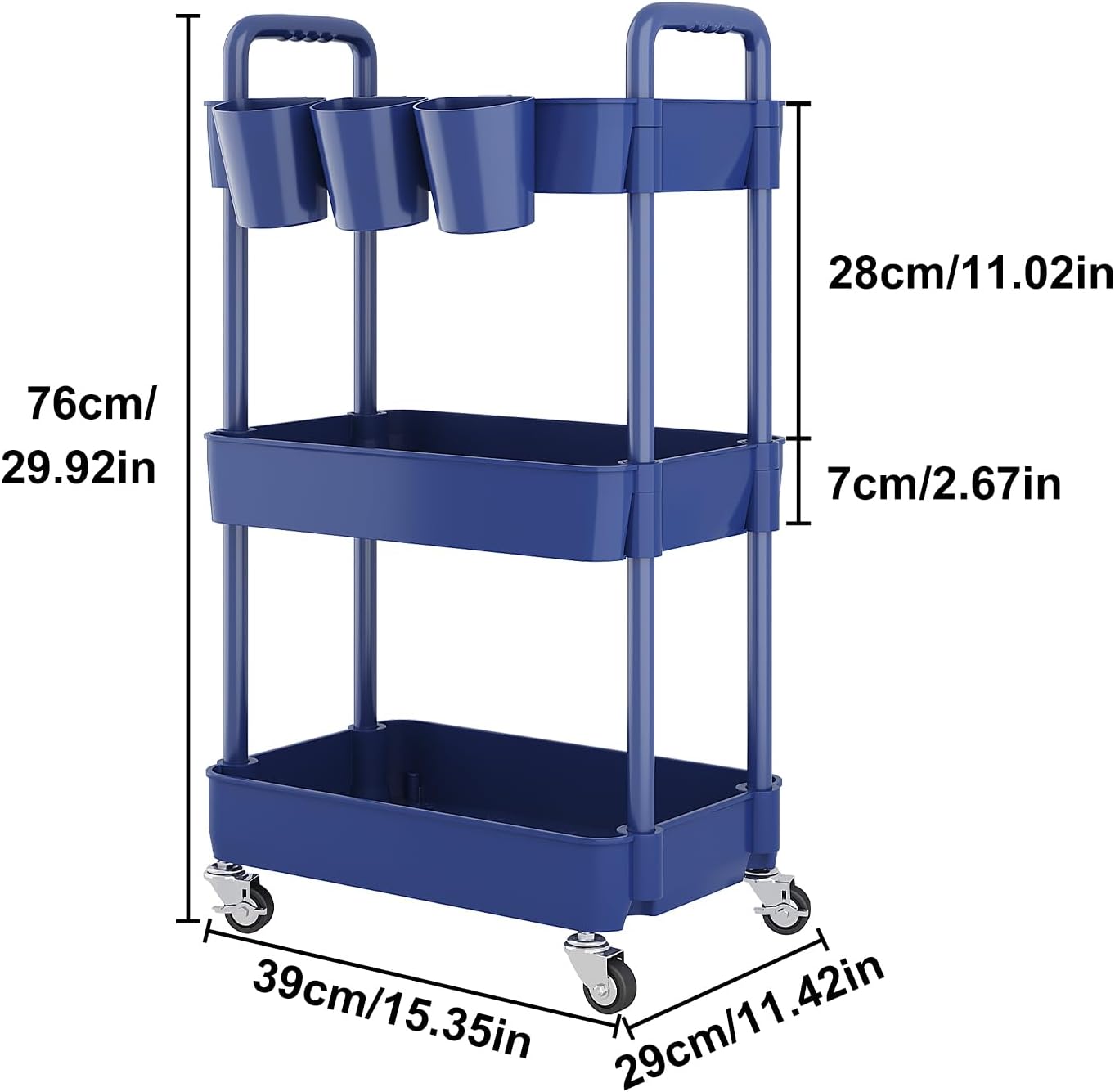 UDEAR 3-Tier Rolling Utility Cart,Multifunctional Storage Shelves with Handle and Lockable Wheels for Room,Office,Kitchen,Bathroom,with 3 Hanging Cups,Blue