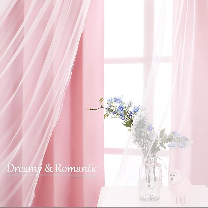 Pink Blackout Curtains with Sheer Overlay, 2 Panels, Thermal Insulated & Soundproof, Lace Trim for Bedroom, Nursery, Living Room - Modern Pink Drapes, Room Darkening Curtains, 52x84 Inches