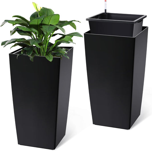 30" Tall Planters Set of 2, Outdoor＆Indoor Black Planter Pots, High Front Porch Planter Pots with Drainage Holes＆Water Level Monitor Movable Wheels ＆Inner Bucket, Automatic Watering,Black