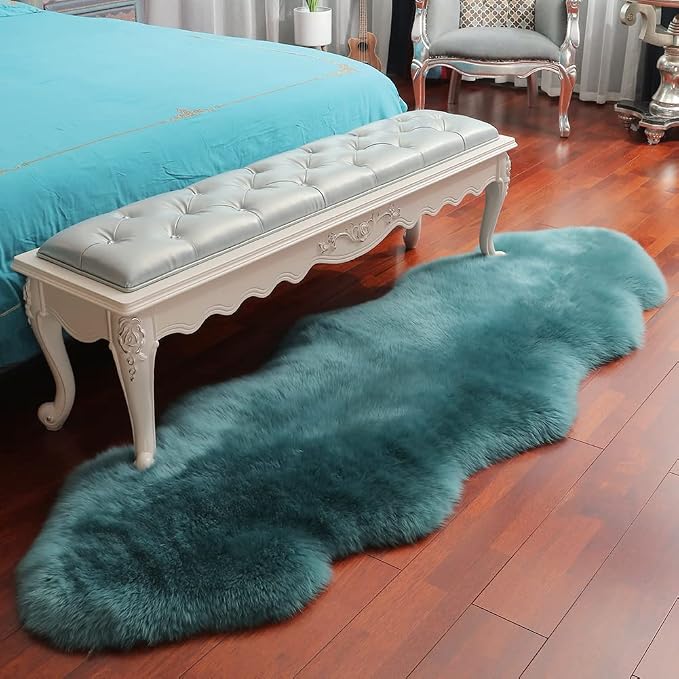 IRIWOOL Premium Genuine Fur Sheepskin Rug Real Australia Sheepskin Natural Luxury Fluffy Lambskin Fur Area Rug Seat Covers for Kids Bedroom Sofa Chair Cover (Dark Aquamarine, Double Pelt/2ft x 6ft)