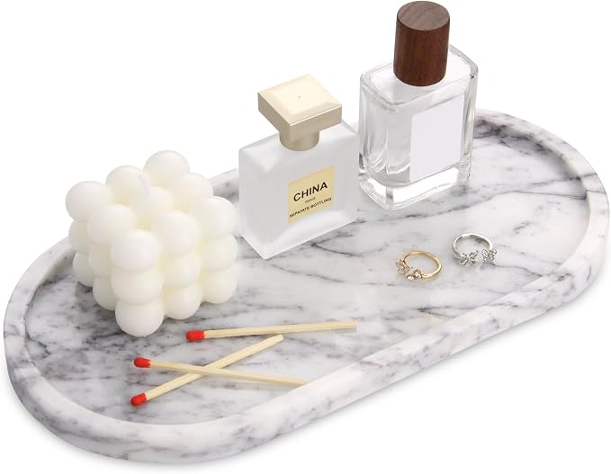 Oval Marble Bathroom Vanity Tray, Natural Luxury Marble Home Kitchen Bathroom Table Tray, Stone Decorative Countertop Tray for Coffee Perfume Jewelry (Lilac, 10" x 5" x 0.6")