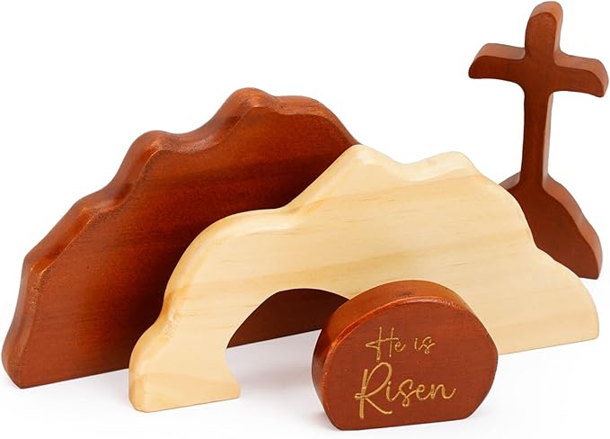 He Is Risen Easter Decor – Wooden Resurrection Scene with Empty Tomb, Cross & Figurines, Christian Religious Tabletop Decoration for Home Christian Easter Basket Stuffer