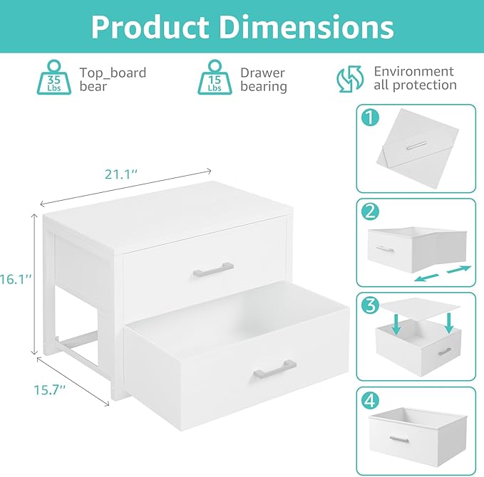 BOLUO Stackable Storage Drawers Closet Organizers and Storage Bins Fabric White 2 Drawer Dresser for Bedroom Office Modern