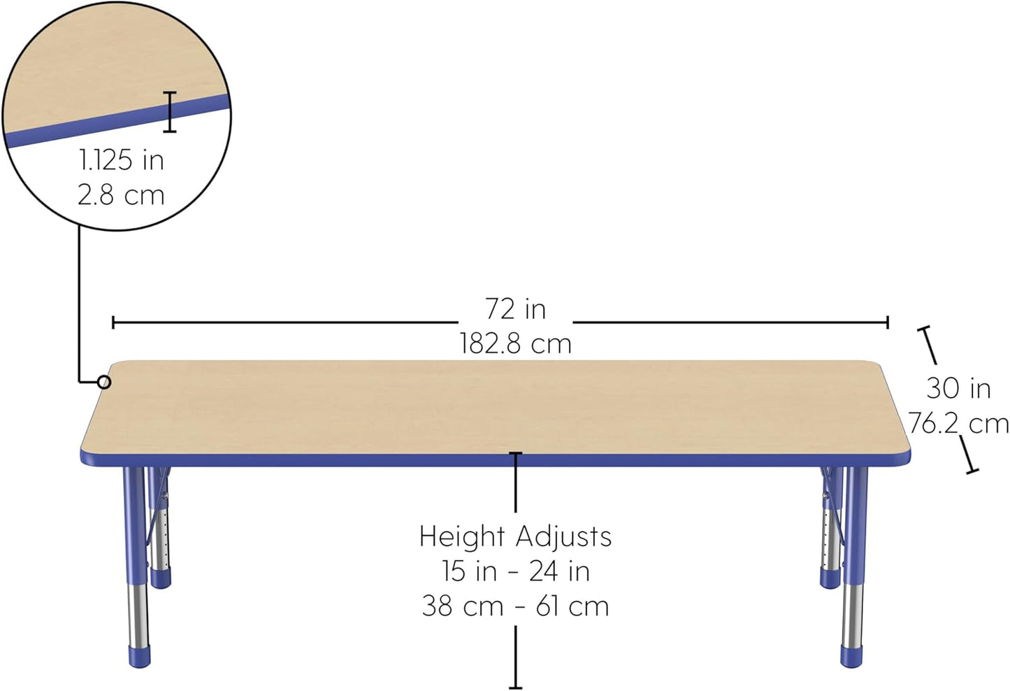 FDP Rectangle Activity School and Classroom Kids Table (30 x 72 inch), Chunky Toddler Leg, Adjustable Height 15-24 inches - Maple Top and Blue Edge