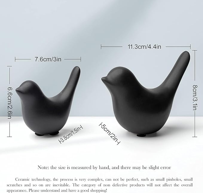 2 Pcs Ceramic Small Bird Figurines Modern Animal Statues for Home 、Room Decor and Bedroom Decor and Bookshelf Display (Black)