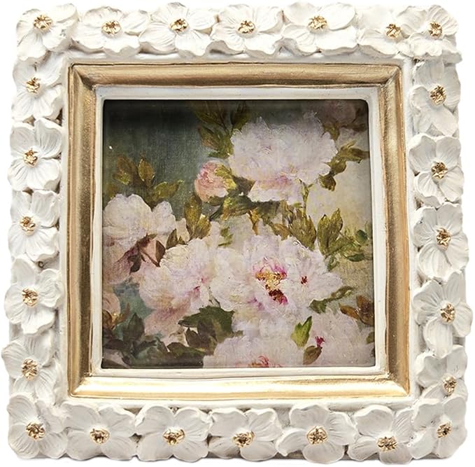 SYLVIA'S SHOP 3x3 Small Vintage Picture Frame, Mini Antique White Ornate Square Photo Frame, for Tabletop and Wall Display, Decorative Floral Design Retro Home Decor, Photo Gallery Art