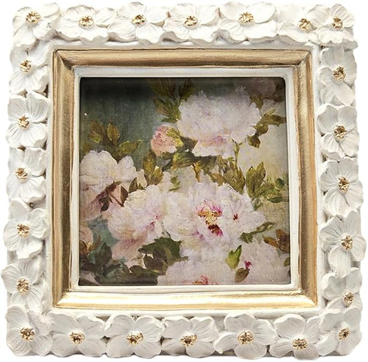 SYLVIA'S SHOP 3x3 Small Vintage Picture Frame, Mini Antique White Ornate Square Photo Frame, for Tabletop and Wall Display, Decorative Floral Design Retro Home Decor, Photo Gallery Art
