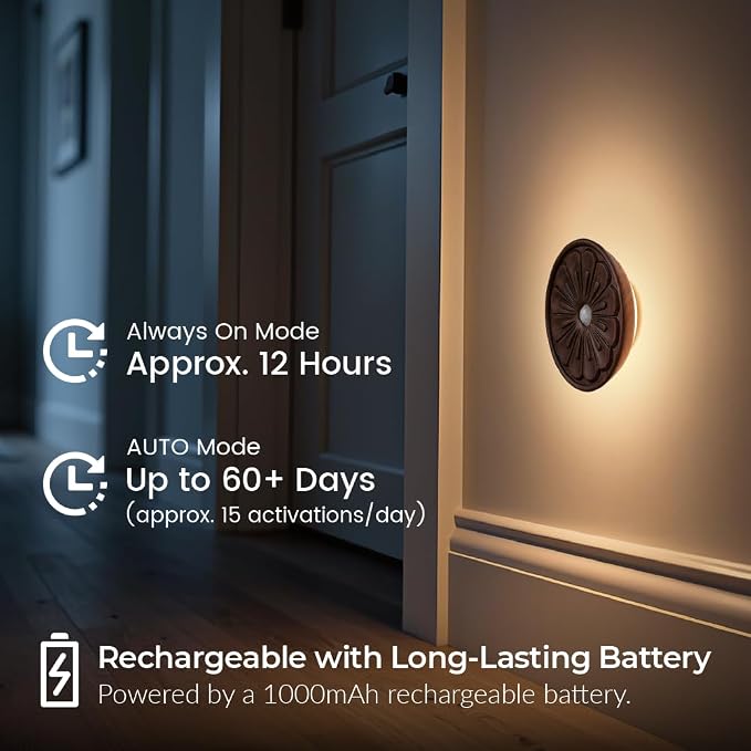 Wood Flower Motion Sensor Night Light, Mini Lamp with Embossed 3D Floral Surface, Rechargeable Warm Light, Stick-On Magnetic Mount for Home Decor, Bedroom, Hallway, Stair (Round Black Walnut *1Pack)