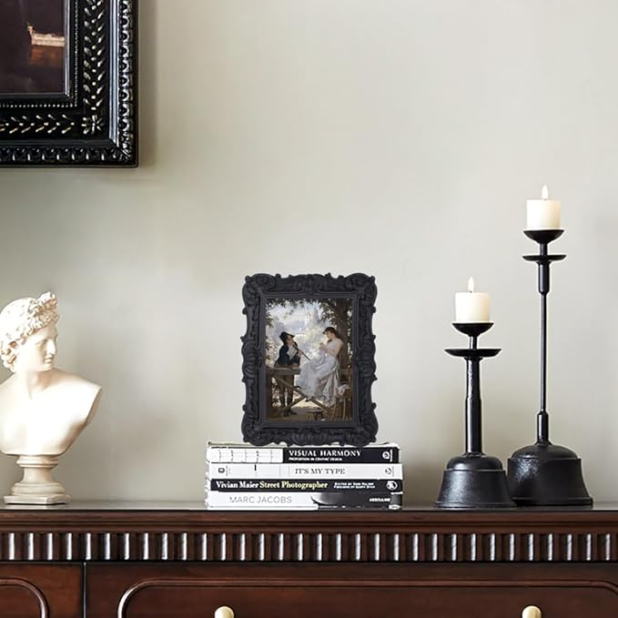 Antique Picture Frames 4x6 Vintage Victorian Ornate Picture Frames with Front Glass Wall Mount and Tabletop Gothic Home Decor Retro Gallery Wall Decor,1 Pack,Black