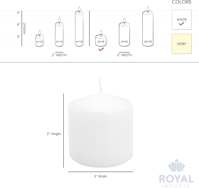 Royal Imports Pillar Candles White Unscented Premium Wax, 30 Hours Burning for Wedding, Spa, Party, Birthday, Holiday, Bath, Home Decor - 3"x3" Inch - Set of 12