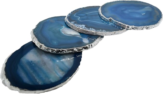 Nature's Decorations Teal Silver Rimmed Agate Stone Coasters - Set of 4, Polished Geode Drink Mats for Dining & Coffee Table & Kitchen Geode Decor Non-Toxic 3.5-4” Diameter