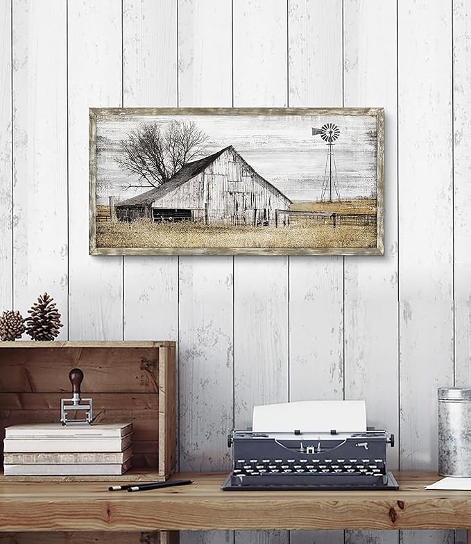 Barn Wall Art Decor Picture: Bedroom Framed Farmhouse Wooden Painting Rustic Horizontal Country Landscape Farm Windmill Print Long Panoramic Nature Scene Countryside Artwork for Living Room Bathroom