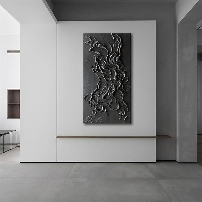 zoinart Hand Painted Large Black Wall Art 30"x60" Thick Texture Minimalist Oil Paintings Contemporary Art Oil on Canvas Abstract Textured Wall Art Pure Black Wall Art