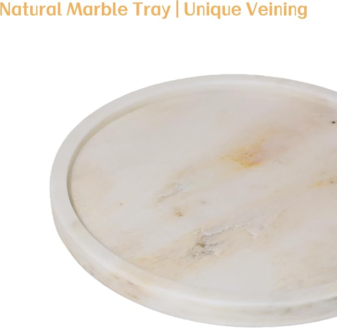 Natural Marble Vanity Tray, Round, 8.3 Inch, with Anti-Slip Pads, for Bathroom, Jewelry, Perfume Display, Coffee Table Decor (Chinese White Marble)
