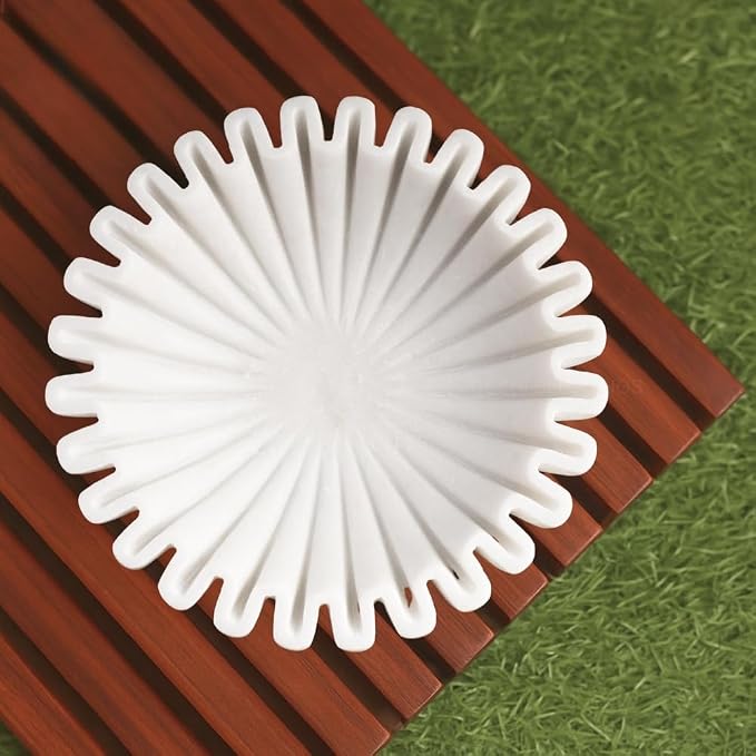 SWADESHI BLESSINGS HandCrafted Marble Ruffle Bowl/Antique Scallop Bowl/Fruit Bowl/Vintage Ring Dish/Decorative Flower Dish/HouseWarming Gift/Wedding Gifts/Urli (8 Inches)
