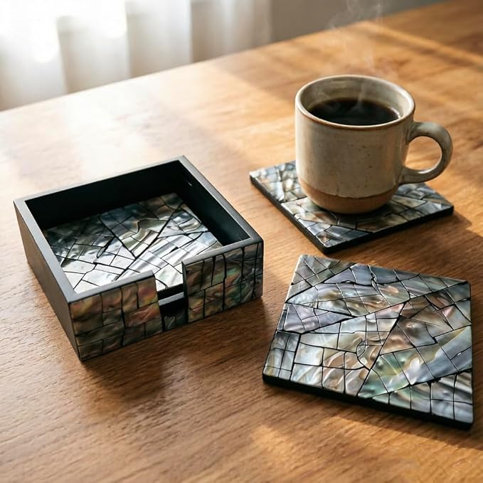 i-lan Mother of Pearl Coasters Set of 6 with Holder - 4.7" Square Drink Coasters for Kitchen, Dining Room, Coffee Table - Black Mosaik Pattern, Shell Inlay Cup Mats