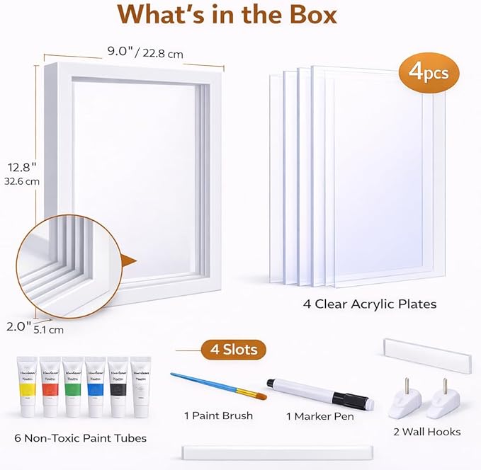 Family Handprint & Hand Casting Kit – DIY Craft Keepsake with Wooden Frame, Non-Toxic Paints, Baby Footprin Kit – Perfect Gifts for Grandparents, New Parents & Families (White, 4 Transparent Sheets)
