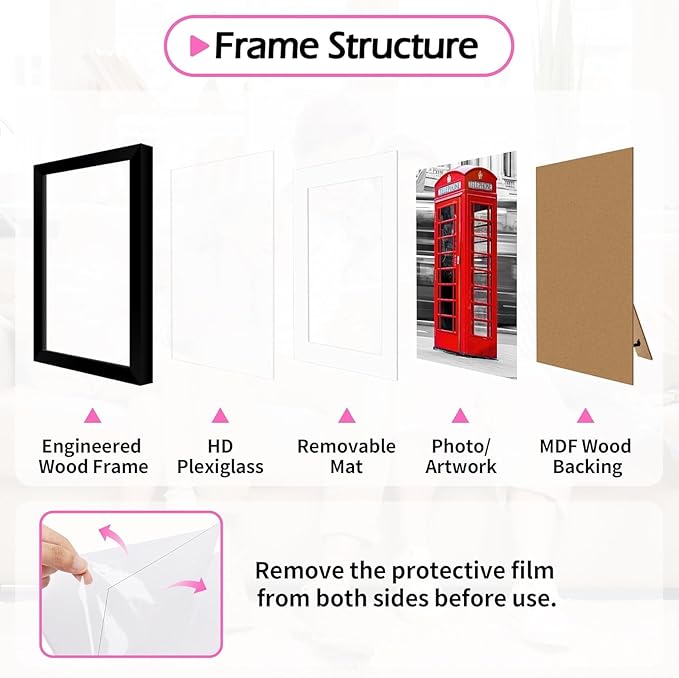 8x10 Picture Frame Set of 8, Black Photo Frames for Tabletop or Wall Display, Fits Pictures 5x7 with Mat or 8x10 Without, Frame Collage with HD Plexiglass for Home Wall Decor, with Gadget