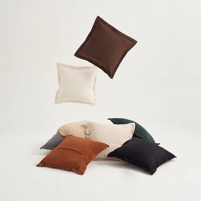 COCO TOP Set of 3 Super Soft Striped Corduroy Throw Pillow Covers 18x18inch, Decorative Boho Square Pillow Covers for Sofa Couch Aesthetic Decor Bedroom Living Room (Earthy Brown, Rust & Cream)