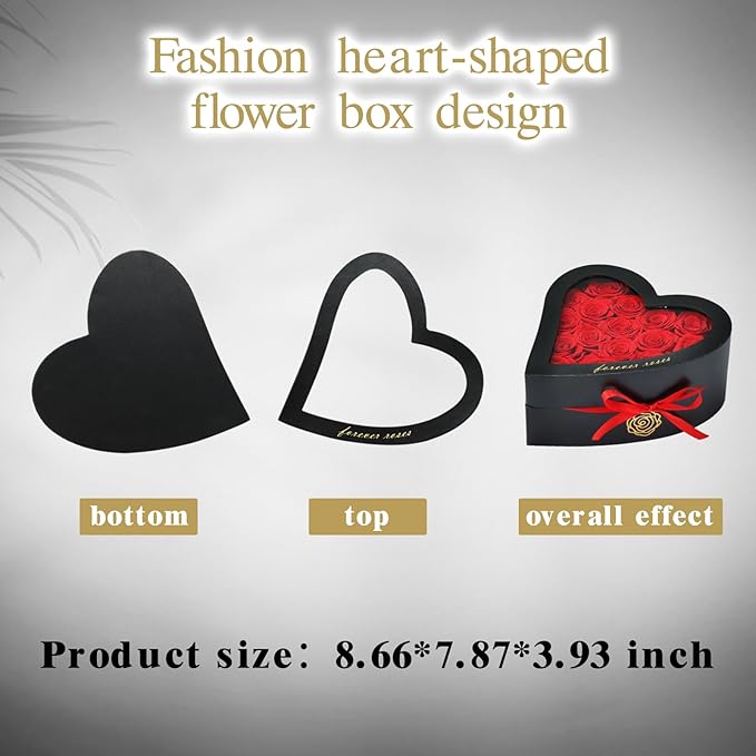 HERBMOTG 16 Forever Real Roses in Heart-Shaped Box with a Curved Design, Grade A Quality-Preserved Roses for Birthday, Mothers Day & Valentines Day (Red)