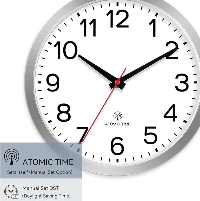 AKCISOT Atomic Silver Wall Clock Analog Clocks Battery Operated Clock for Bedroom Office Classroom Living Room(10 Inch)