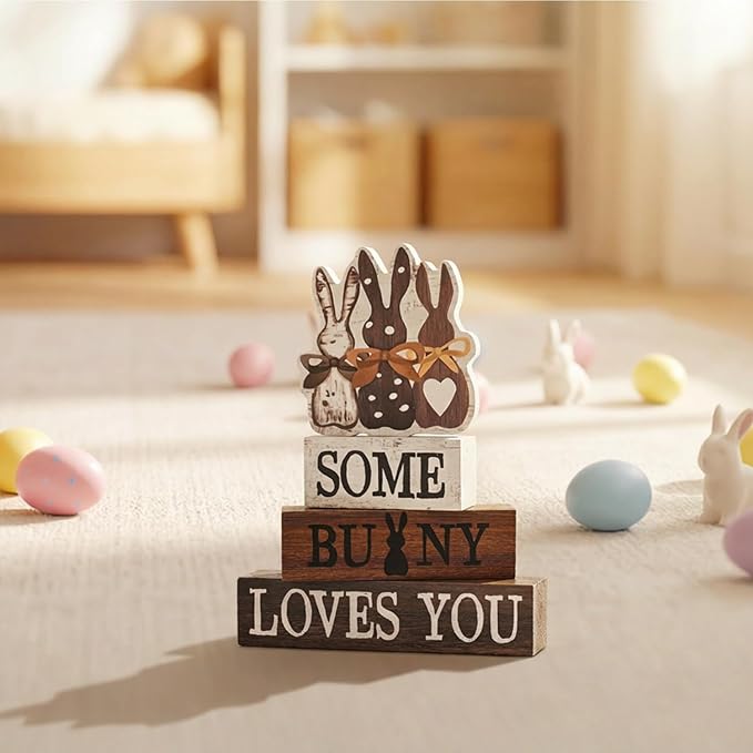 Smile Wooden Easter Decoration Sign - "Some Bunny Loves You" Wooden Block Stack Decor, 3-Tiered Rustic Blocks with Bunny Silhouette Topper for Easter & Spring Tabletop Display